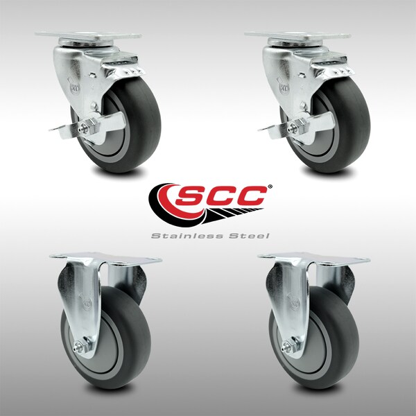 4 Inch SS Thermoplastic Rubber Wheel Top Plate Caster Set with 2 Brake 2 Rigid